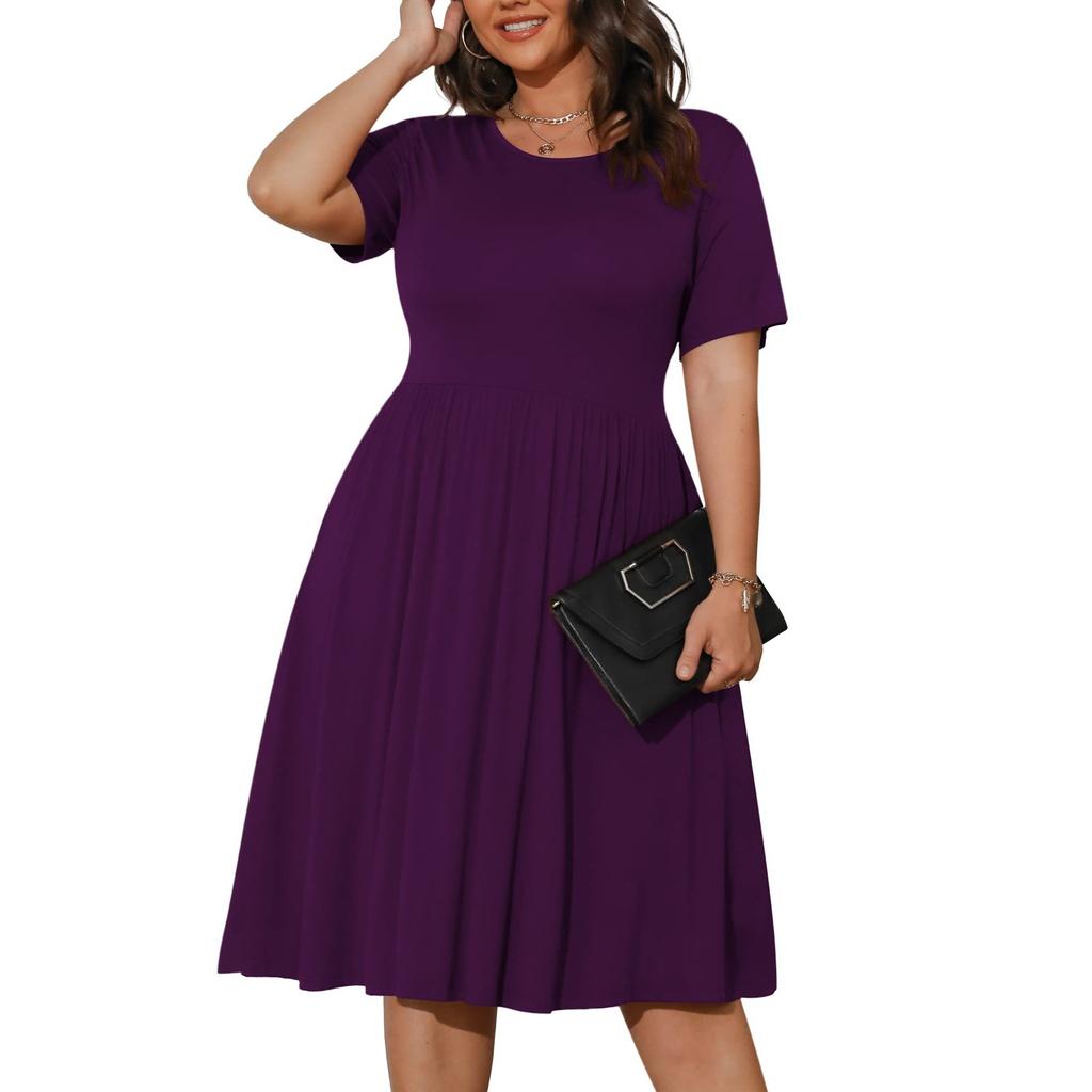 Sommerkleid für Damen in Übergröße, lässig, kurzärmlig, palettierte Taille, lockere Passform, Swing-T-Shirt-Kleid mit Taschen