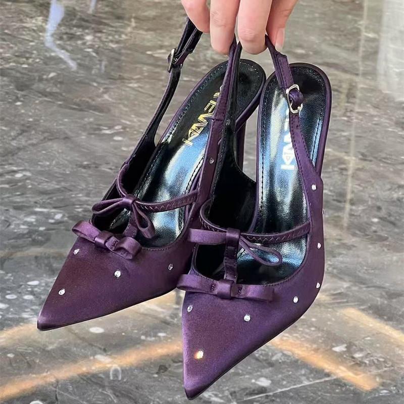 Fashion Elegant Purple Satin Butterfly-knot Pumps Women Luxury Rhinestone Embellished Brand Designer Shoes Fashion Party Dress Shoes