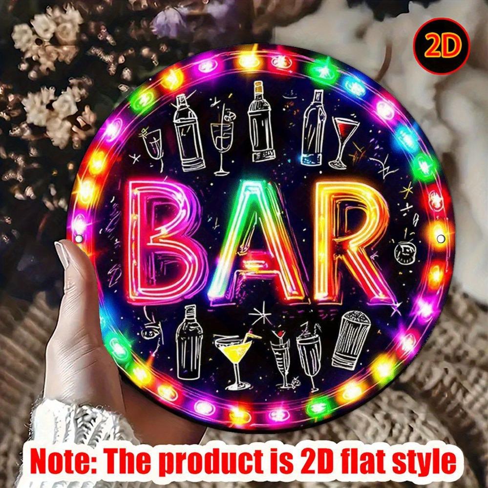 Mfoever Tin Sign Vintage Neon Effect BAR Cocktail Wine Bottle Themed Round Metal Tin Sign Retro Pub Man Cave Wall Decor Art Plaque
