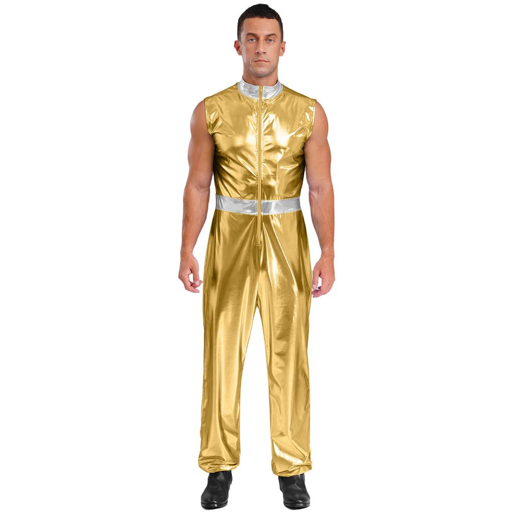 Herren glänzender metallischer ärmelloser Reißverschluss Ganzkörper-Jumpsuit Bodysuit