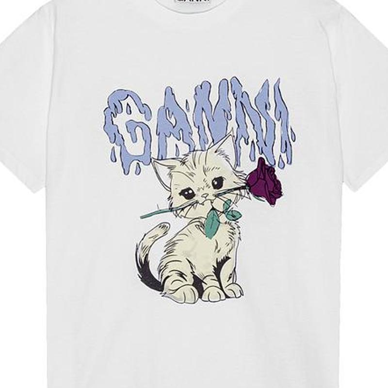 Ganni Cat Print Casual Round Neck Short Sleeve Regular T-Shirt Women Tops Bright-White T3995151