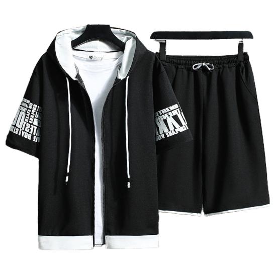 1 set Sommar Herr Huvtröja Shorts Färgblock Bokstavstryck Koreansk Stil Huvförsedd Outfit för Vardagsbruk