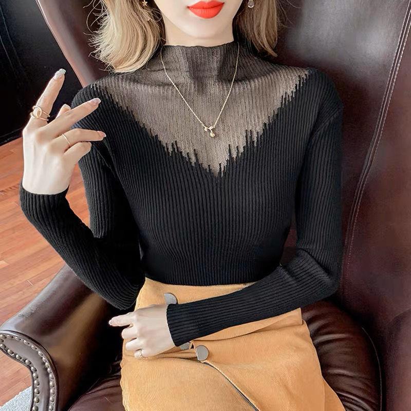 

Semi-high-neck Sweater Women s Mesh Patchwork Sweater Knitted Base Layer Women s Autumn and Winter Long-sleeved Inner Layer Top XL