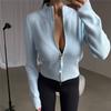Women Half High Collar Zipper Knit Cardigan Slim Fit Long Sleeve Solid Color Cropped Top