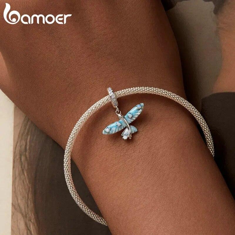 Bamoer 925 Sterling Silver Modrý Smalt Přívěsek Létající Ryba Přívěsek Pave Nastavení CZ pro ženy Náramek a náhrdelník DIY doplňky