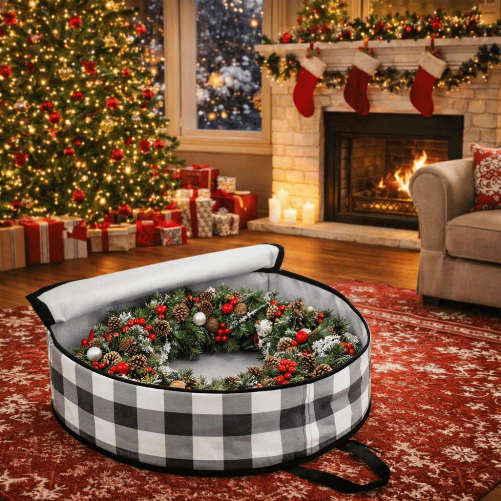 Stackable Plaid Christmas Wreath Storage Bag Waterproof Large Capacity Wreath Storage Container with Zipper and Handles