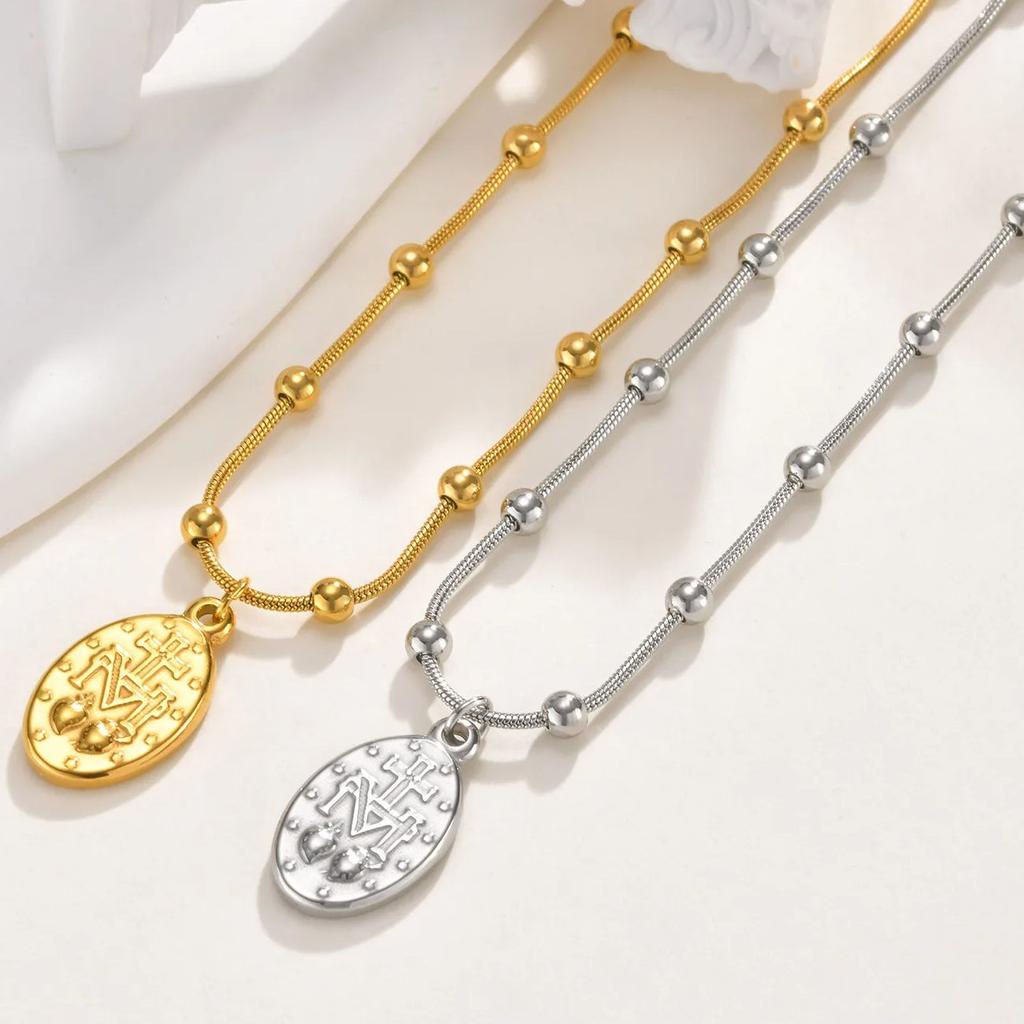 Vnox Light Luxury Rosenkranz Halsketten für Frauen, Edelstahl Perlenkette Jungfrau Maria Anhänger, Kreuz Schwanz Religion Schmuck Geschenk