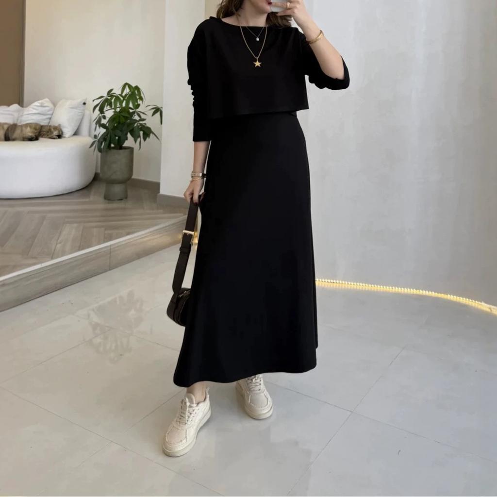  European and American Amazon Women's New Crew Neck Long Sleeve Loose T-Shirt Suspender Slim Dress Temperament Set