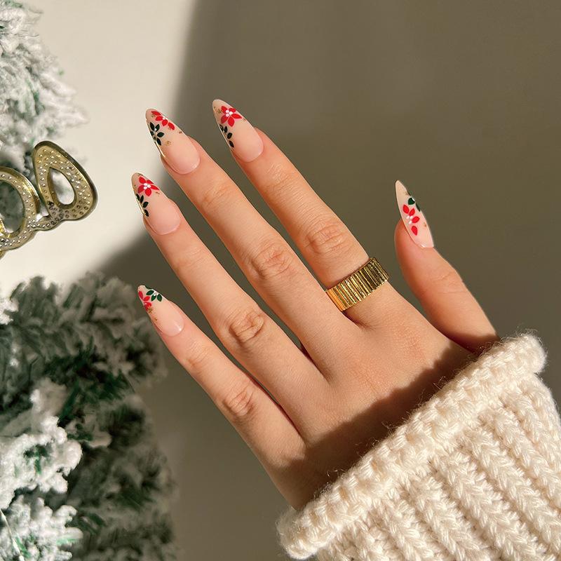 

Wear nail piece red and green flower Christmas manicure Wear nail medium and long press on nails