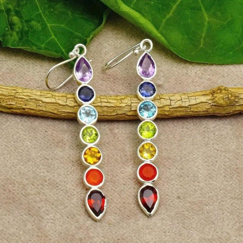 Silver Color Metal Long Inlaid with Multicolored Stones Dangle Earrings for Women Jewelry