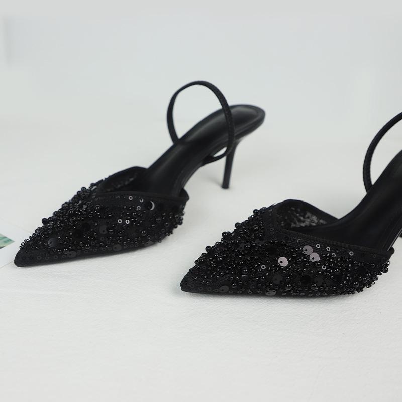Mode Elegant Party High Heels Damenschuhe Glitzernde Pailletten Perlen Mesh Markendesign 2025 Sommer Stiletto Büro Dame Luxussandalen