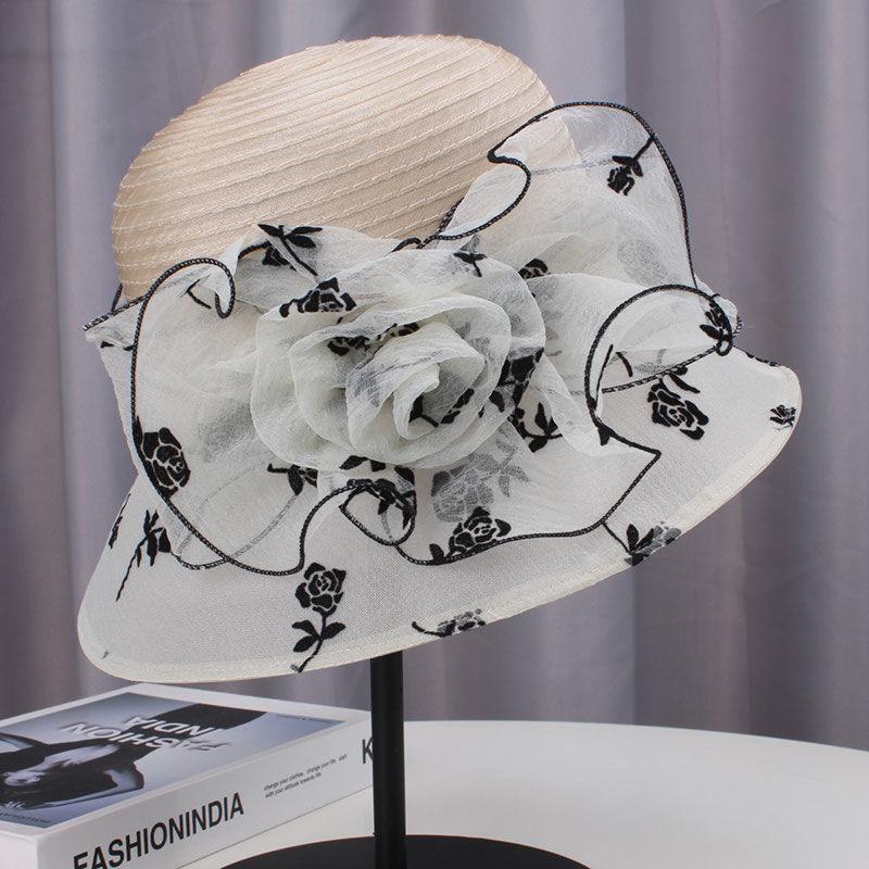 Legant Women'S Vintage Style Derby Hat with Large Handmade Flowers and Wind Mesh - Non-Stretch, Sun Protection, Knitted Craftsmanship