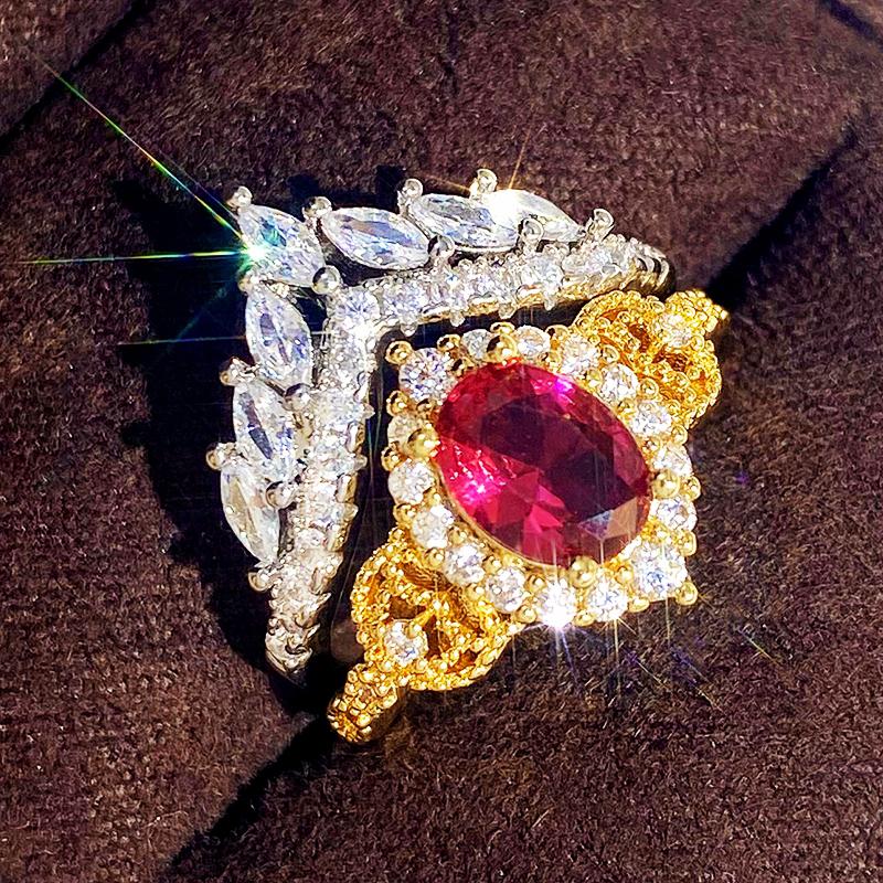 

Huitan великолепный двухцветный набор колец с ярко-красным кубическим цирконием свадебные аксессуары для женщин уникальный дизайн ювелирные изделия для вечеринок новые 7