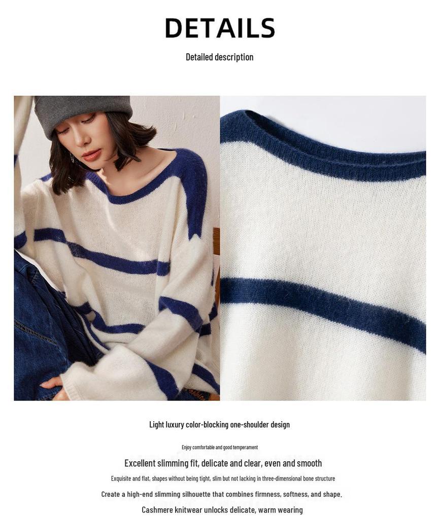 Women's One-Shoulder Cashmere Stripe Sweater - Loose Fit Long Sleeve Knit, Base Layer for Autumn/Winter.