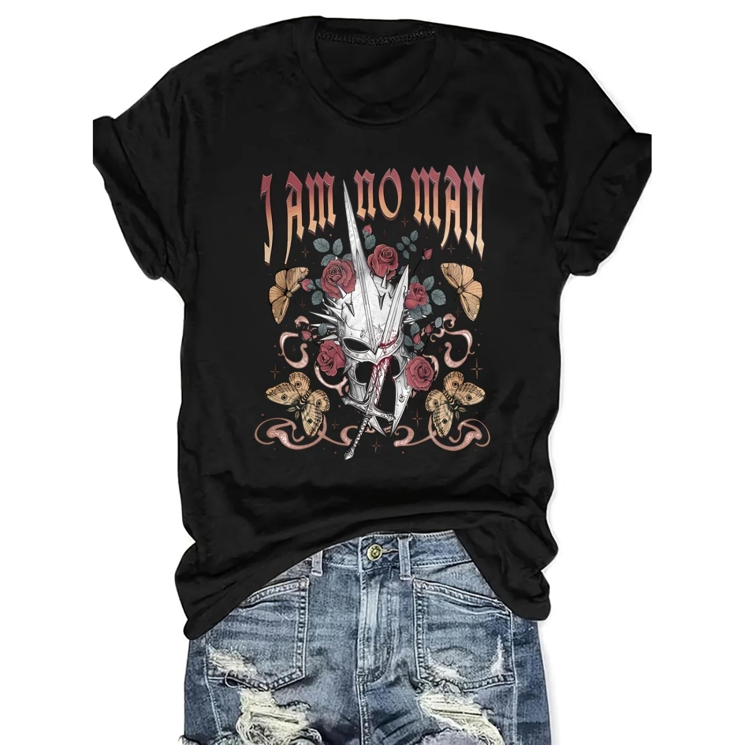 

Butterfly Letters Floral Sword Helmet Print Art Design Graphic Tee Casual Round Neck Short Sleeve T-Shirt Summer Top for Women XXXXXL чорний