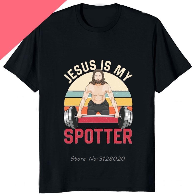 Lustiges Jesus Ist Mein Spotter Aufgedrucktes Grafik-Baumwoll-Herren-T-Shirt Humor Gewichtheben GYM T-Shirt Lässige Mode Streetwear Herren-T-Shirts