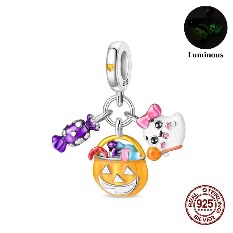 Halloween Charms Bead Copper Luminous Pumpkin Ghost Dangle Fit Bangle Bracelet Necklace Diy Jewelry