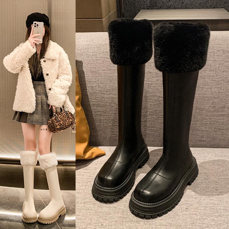 Fur Flats Platform Women High Boots Fad Mid Heels Shoes Plush Warm Knee High Snow Boots Winter 2025 Trend Goth Pumps Botas Mujer