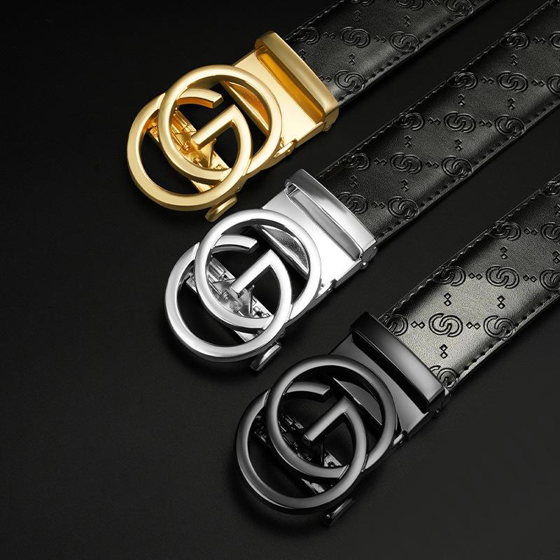 New Men's Cowhide Belt Business Casual Automatic Buckle Genuine Leather Belt Middle Aged and Young Fashionable Simple Jeans Belt