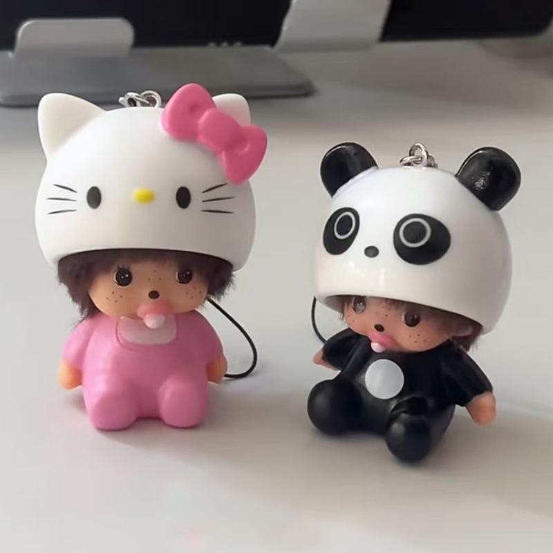Panda Monchhichi Keychain Animation Kitty Hat Monchi Keyring Diy Schoolbags Hanging Pendent Accessories Small Gifts Table Ornament
