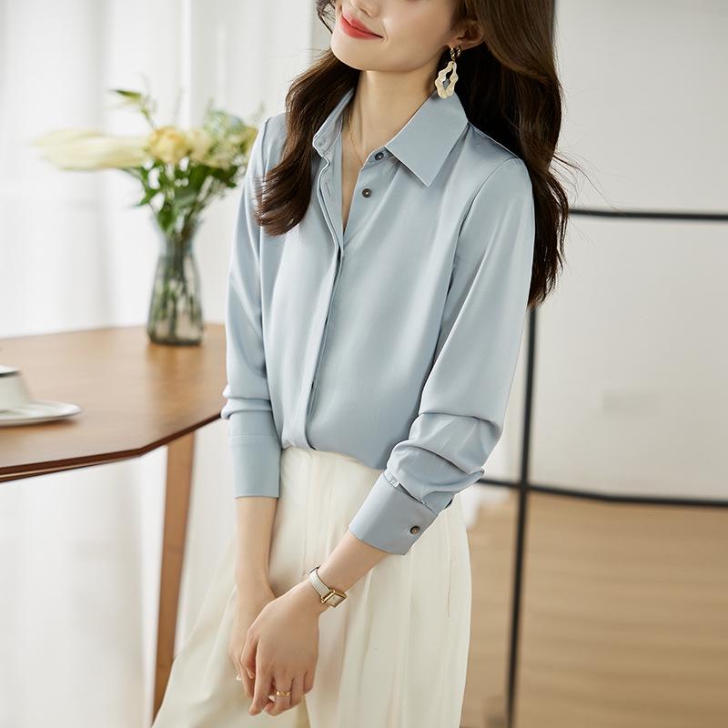 Satin Long-Sleeve Women's Chiffon Shirt - 2026 Spring/Autumn, Hong Kong Style, Loose Fit, Light Mature Look