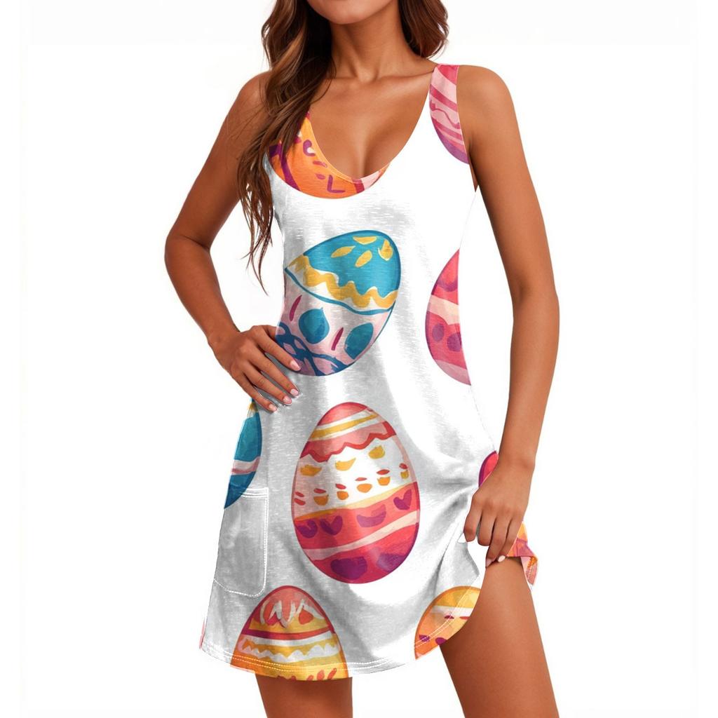 Women's Easter Pattern Sleeveless V-Neck Beach Tank Dress With Pockets