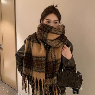 Yousheng Winter Scarf Cashmere Feel Plush Scarf with Tassel Decoration Thickened Warm Plaid Pattern Winter Long Scarf