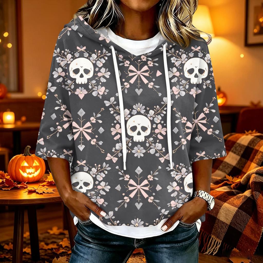 Women's Halloween Printed Hoodie Loose Fit Three-Quarter Sleeve Casual Top