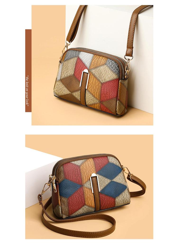 Ethnic Style Colorblock Patchwork Double Zipper Crossbody Bag