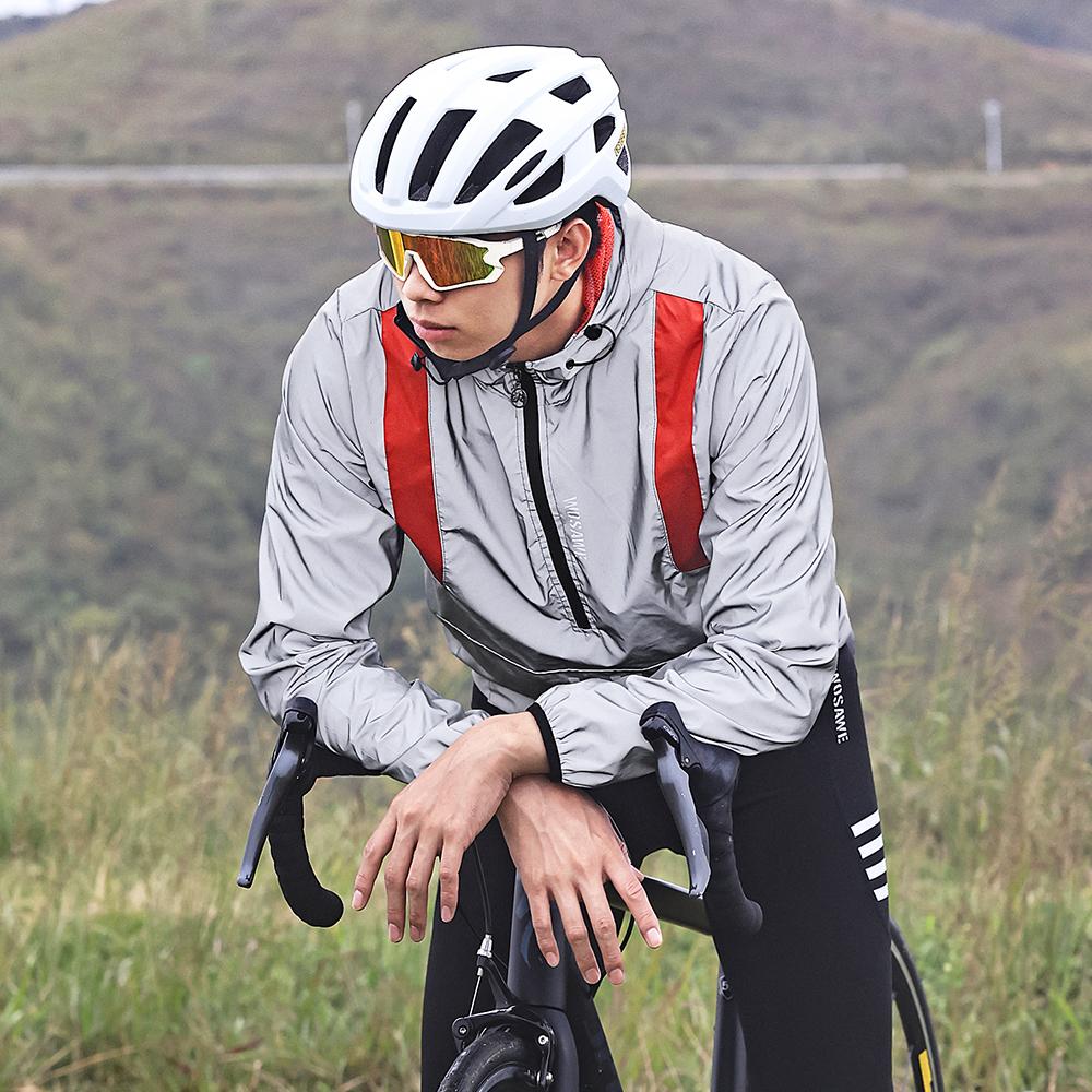 Wosawe Pánská stříbrná reflexní cyklistická bunda Vícebarevná větrovka s kapucí na kole Jízda na kole Outdoor sportovní kabát
