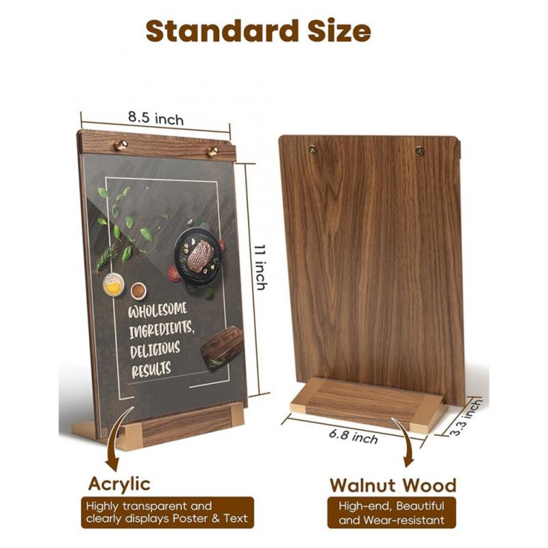 Pacote com 3 Suportes de Placa de Acrílico (8,5 x 11 polegadas) com base de nogueira, expositor de mesa transparente para menus e posters