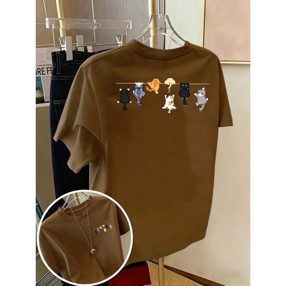 Cartoons Cats Prints T-Shirts Summer Womens Cotton T Shirts Basic O-Neck Oversized Short Sleeve Tops Casual Street Woman Clothes