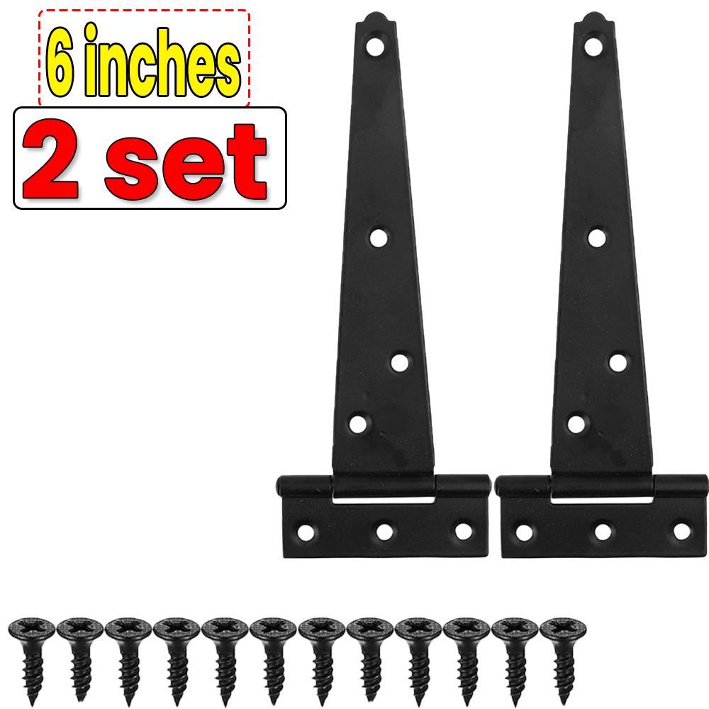 3/4/6 Inch Black T-Strap Hinges Rustic Gate Strap Hinge Rustproof Gate Door Black Hinges for Windows, Fence and Barn Gates