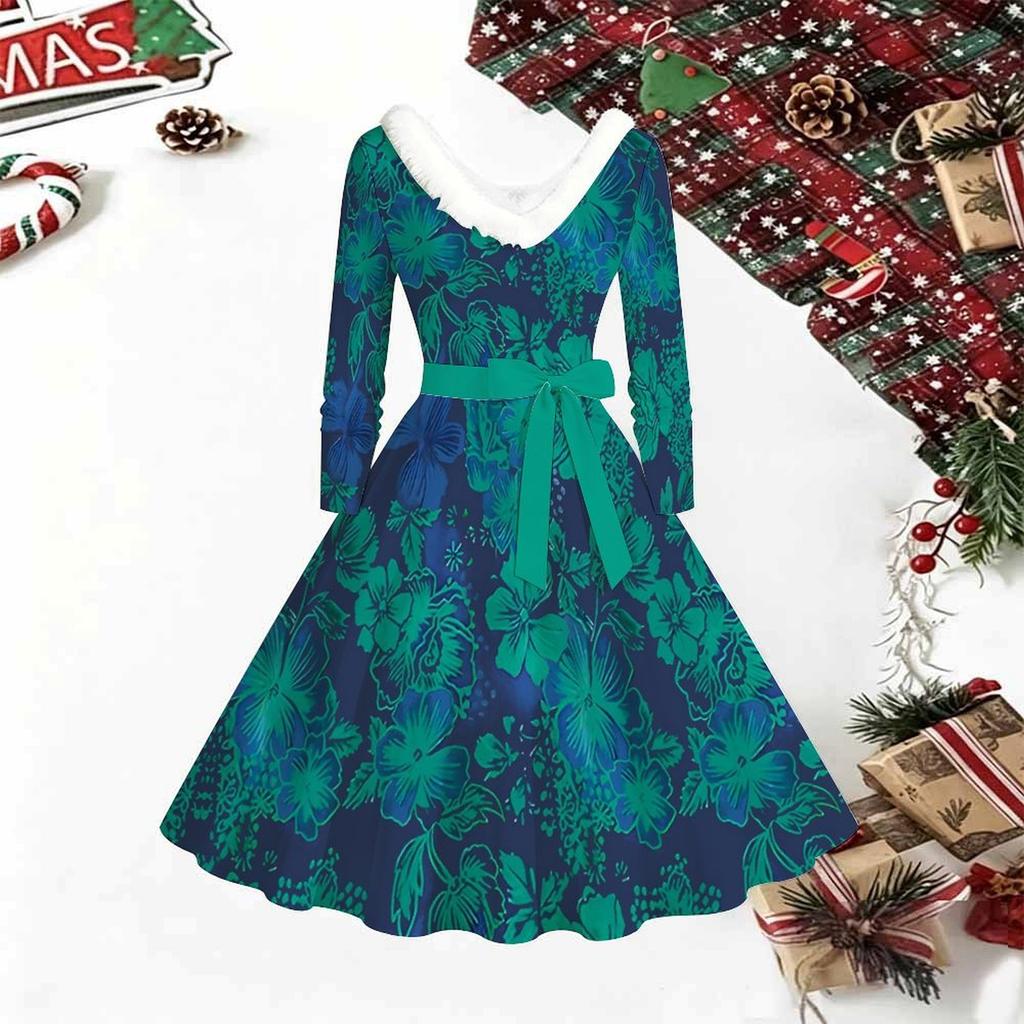 Women Floral Print Midi Dress, Long Sleeve V‑Neck Furry Trim A‑Line Party Dress, Christmas Limited Edition