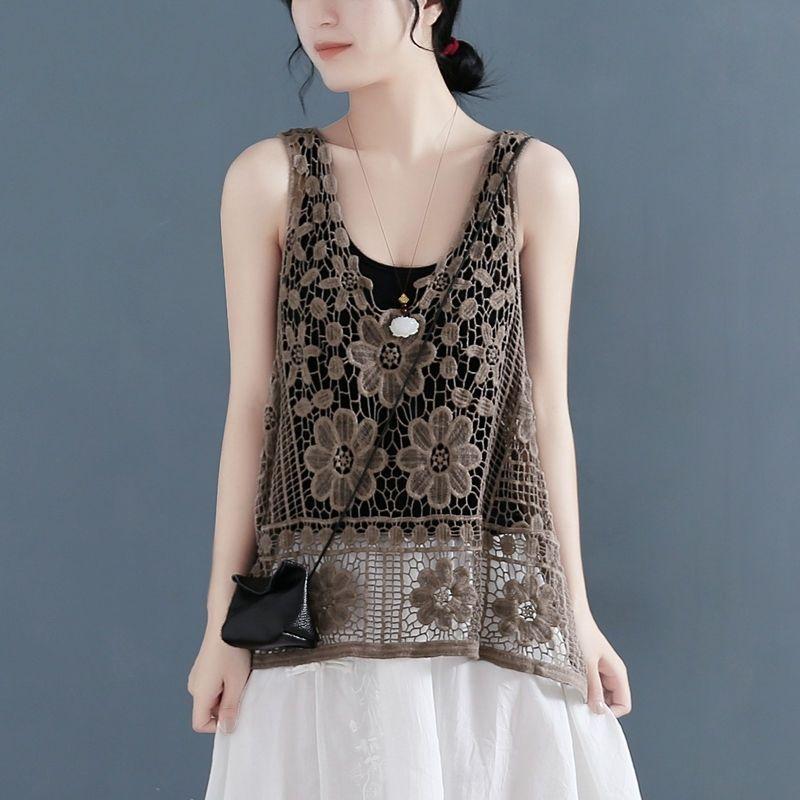 

Винтажный женский кружевной жилет Летний тонкий жаккардовый жилет Хлопковый черный Свободный ажурный вышитый жилет one size кофейный