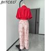 BITCED Summer Set Shirt Top with V-Neck Fashion Print Wide-Leg Trousers Stylish Set
