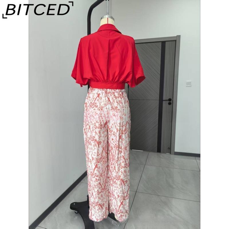 BITCED Summer Set Shirt Top with V-Neck Fashion Print Wide-Leg Trousers Stylish Set