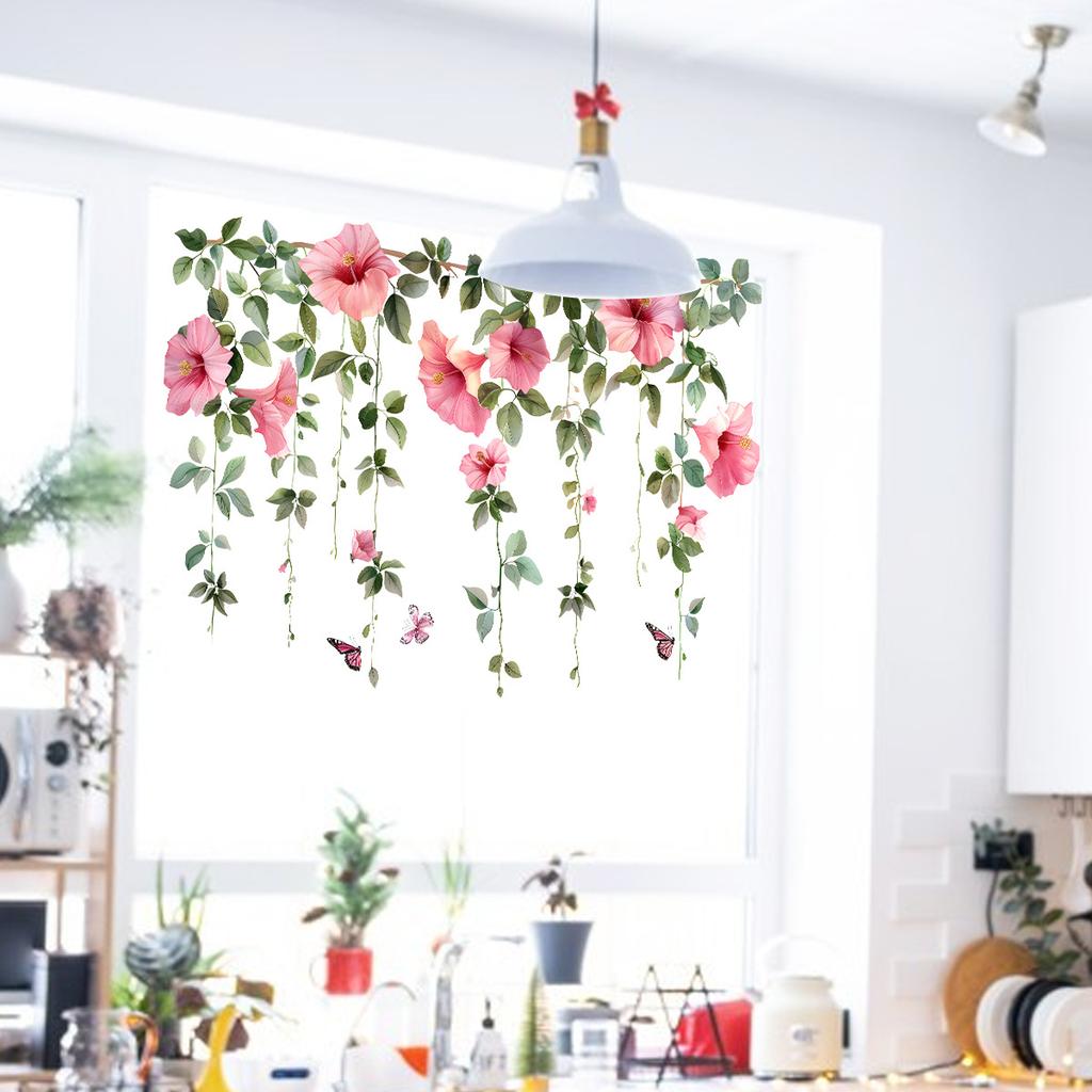 Fresh Pink Flower Branch Vine Window Glass Sticker Home Decor Wall Decal for Living Room Bedroom Self-Adhesive