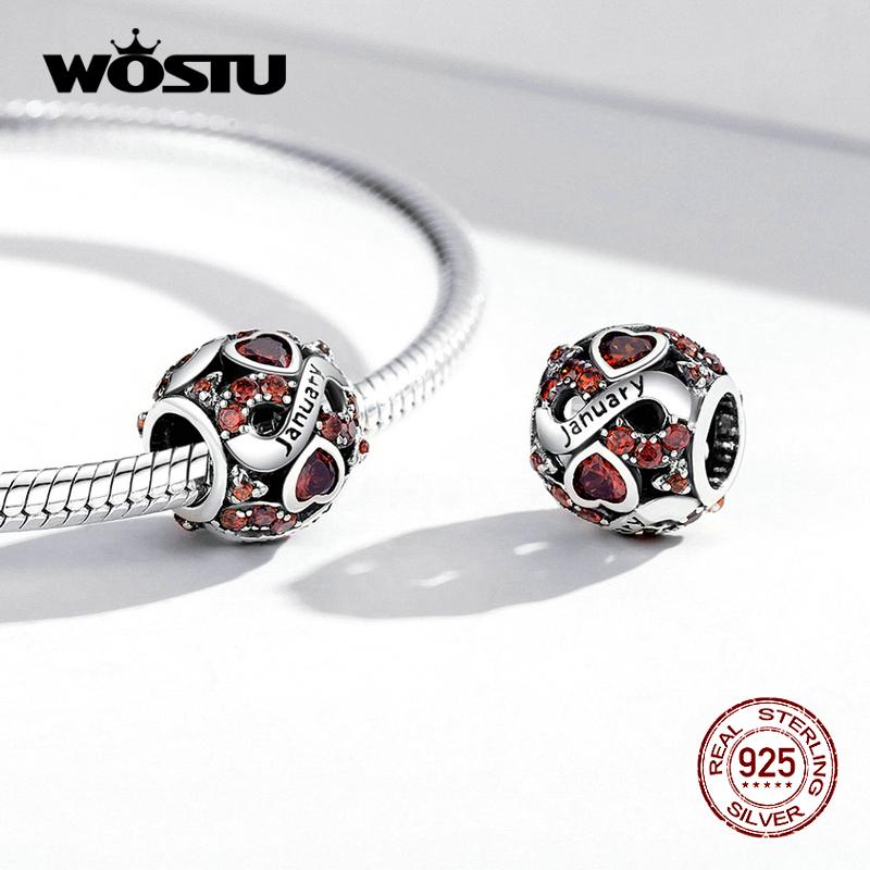 WOSTU Pave barevné kamínky Dvanáct měsíců sférický 925 Sterling Silver Charm korálek pro DIY šperky dárek
