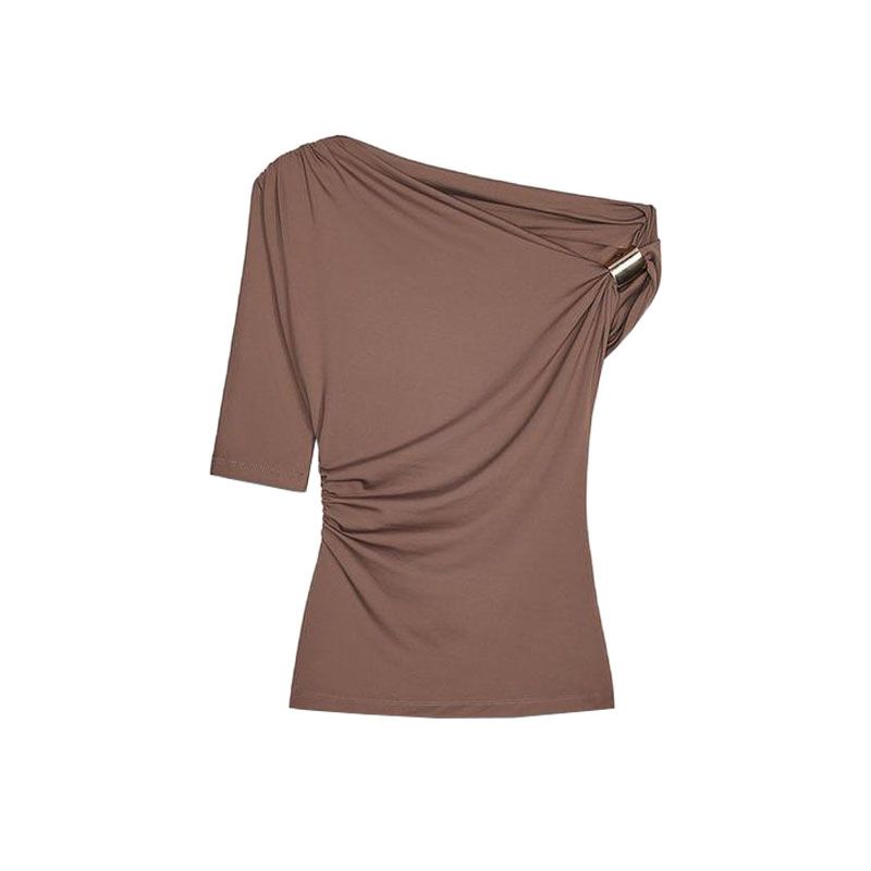 Spring New Women's Clothing European and American Leisure Easiest for Match Nylon off-Shoulder Asymmetric Design Tops 1026164