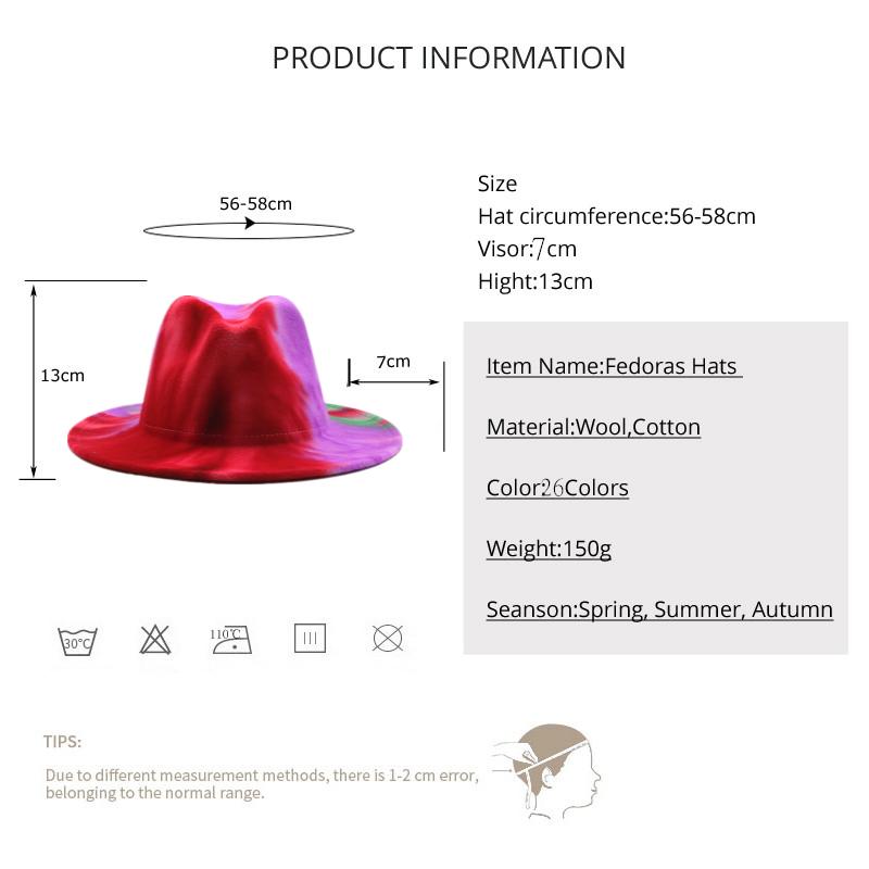 Kapelusze fedora kobiety mężczyźni szerokie rondo Tie Dye jesień zima kobiety kapelusze vintage fascinator wielokolorowy niebieski zielony biały filcowy kapelusz mężczyźni