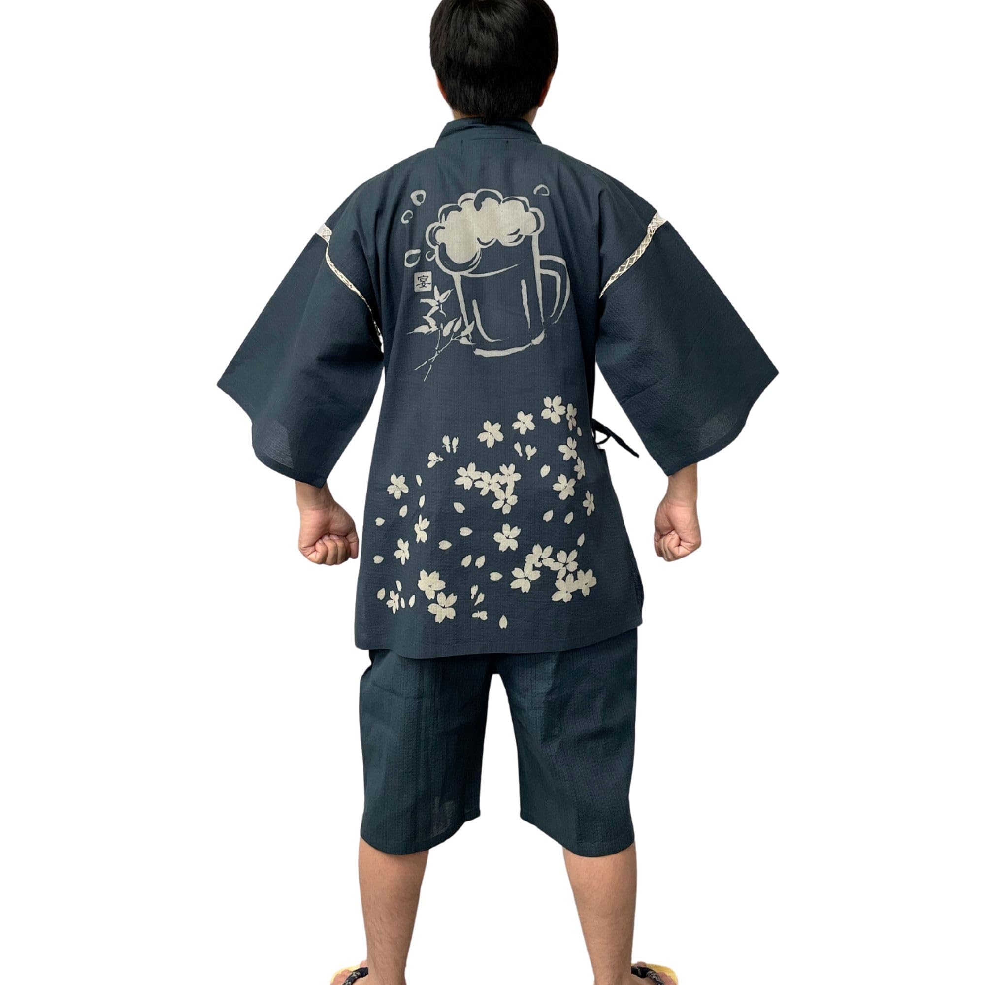 

Edoten Cool Summer Original Japanese Cherry Blossom and Beer Navy Size L Shijira-woven Jinbei, Wear, 100% Cotton, Discharge-dyed Pattern, Design,