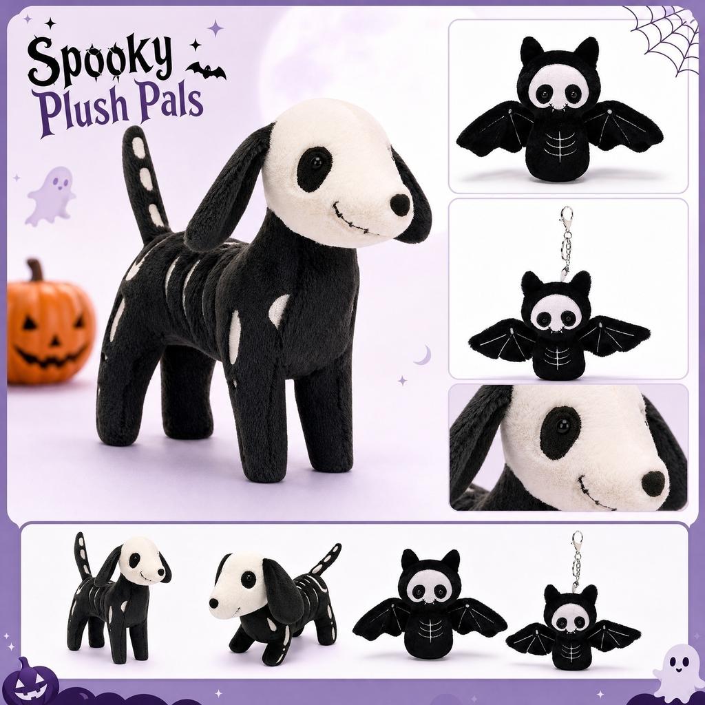 Plush Halloween Skeleton Dog Stuffed Animal Soft Toy with Stitching Details and Standing Pose for Seasonal Decoration or Collectible