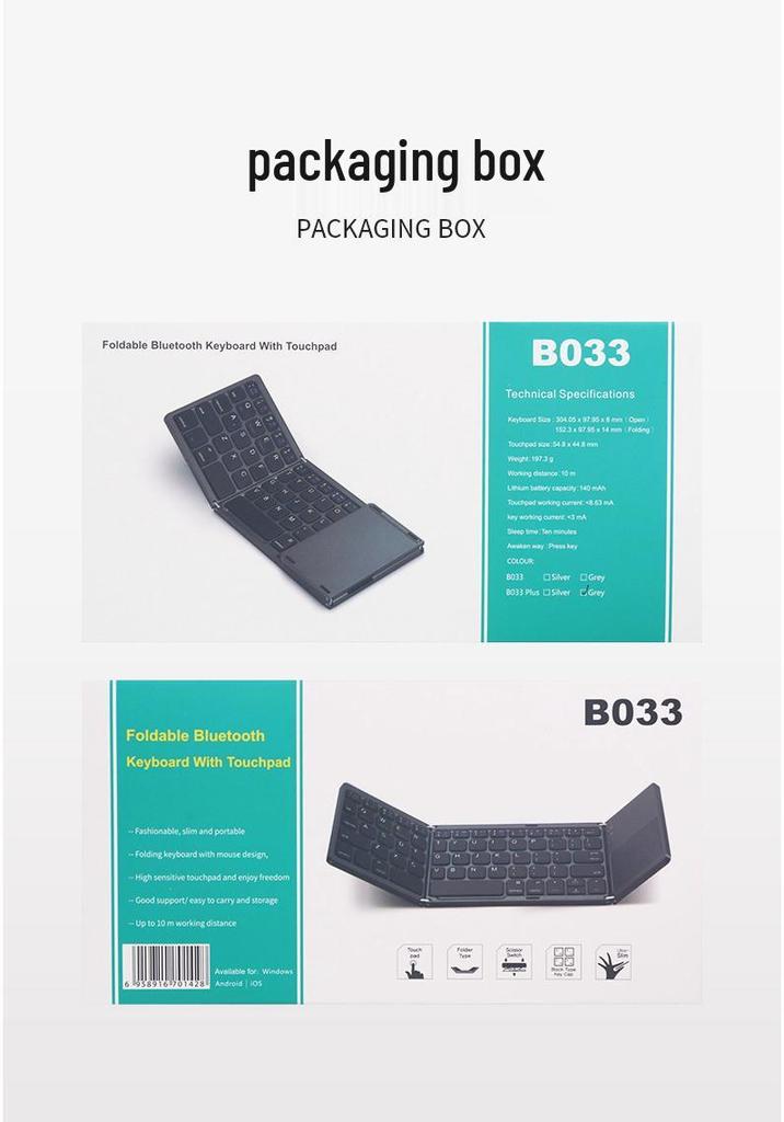 Portable Three-Fold Bluetooth Keyboard B033 for Phones, Tablets, Laptops