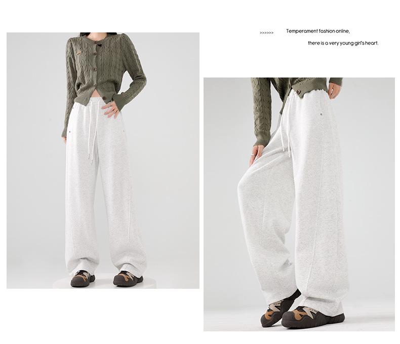 Pantalones de chándal grises de pierna ancha de cintura alta adelgazantes estilo americano para mujer - Primavera Engrosados con Felpa Ajuste Petite