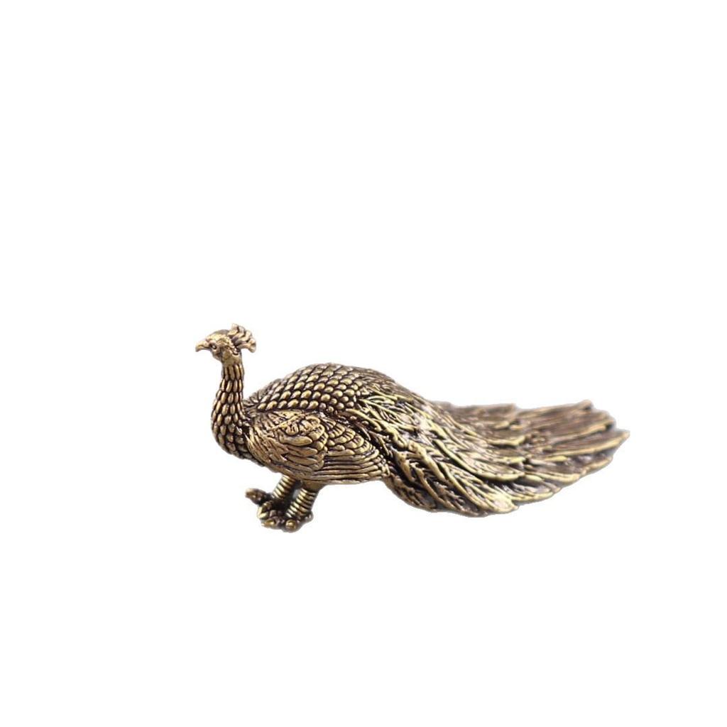 Solid Brass Peacock Ornament: Long-Tailed Desktop Handle, Tea Ceremony Pet, Cast Bronze Ware, Micro Landscape Piece.