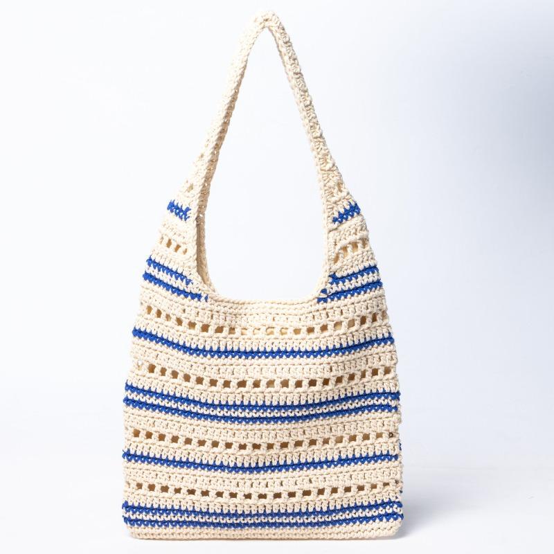 New Striped Cotton Thread Straw Bag Handwoven Bag Shoulder Handbag Large Capacity Resort Beach Tote Bag Women