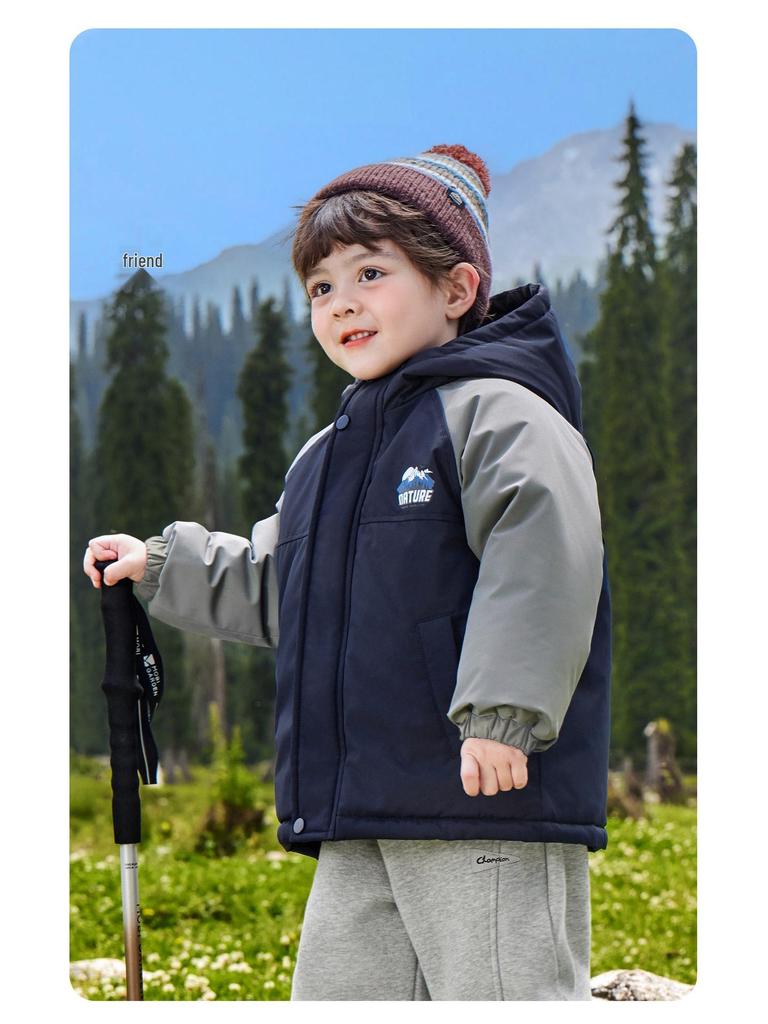 2025 New Boys' Thickened Hooded Cotton Jacket - European Winter Style with Contrasting Colors for Toddlers and Children