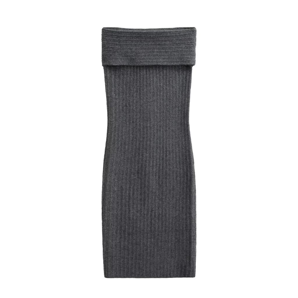 Mature Retro Fold-over Waist Knit Midi Skirt for Women - Slimming Hip-hugging Grey Skirt for Autumn/Winter