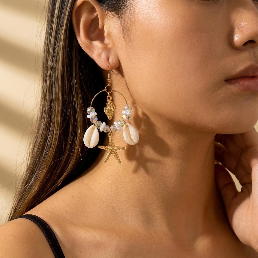 Mermaidcore Seashell Starfish Hoop Dangle Earrings for Women Beaded Boho Ocean Beach Summer Vacation Fashion Jewelry Accessories